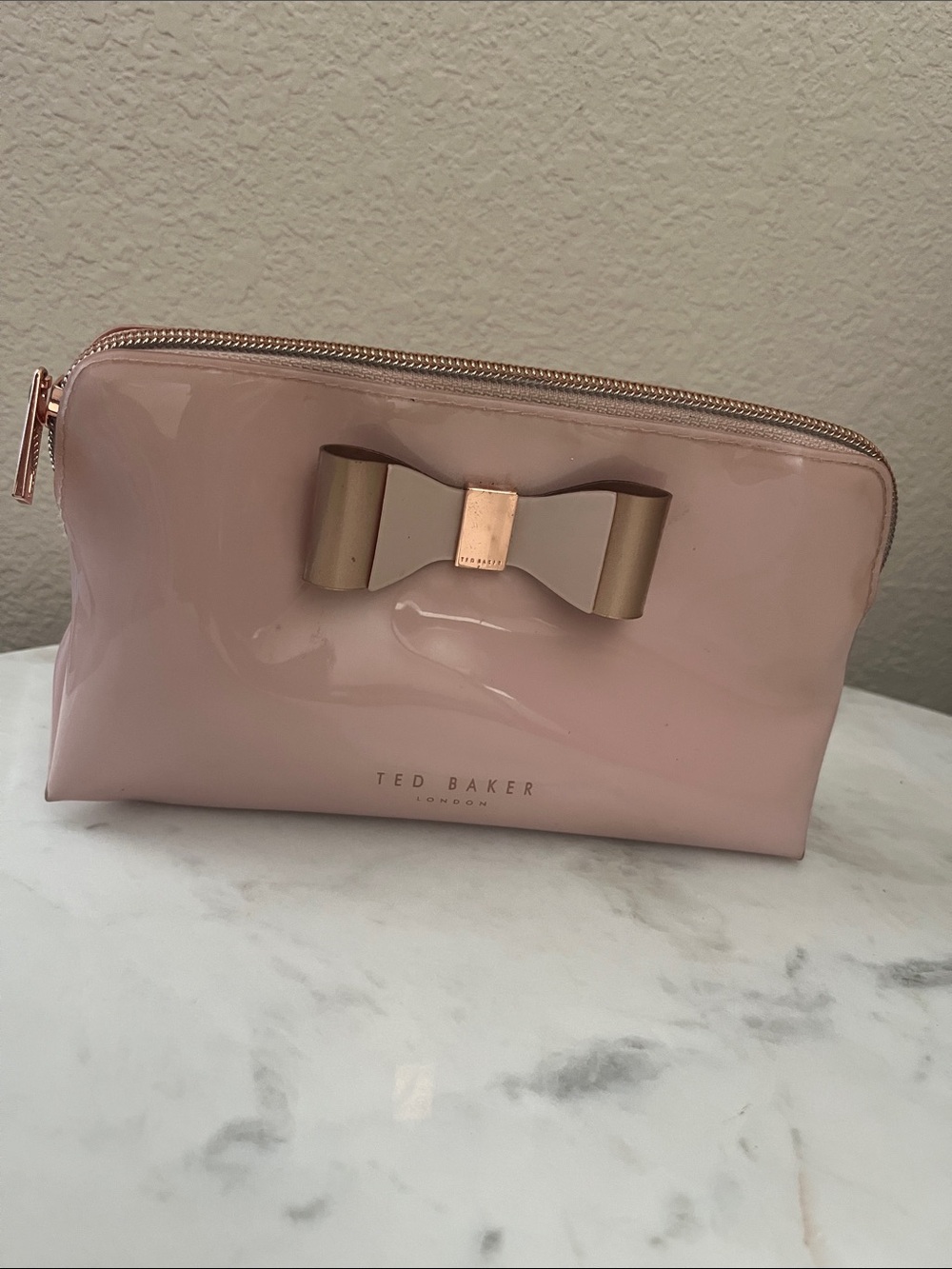 Ted Baker Blush Patent Bow Cosmetic Case with Rose Gold Trim
